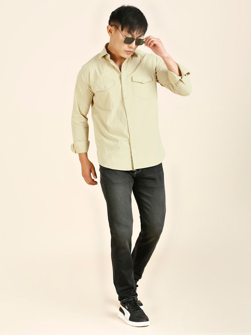 Cream Solid Double Pocket Men's Shirt 4