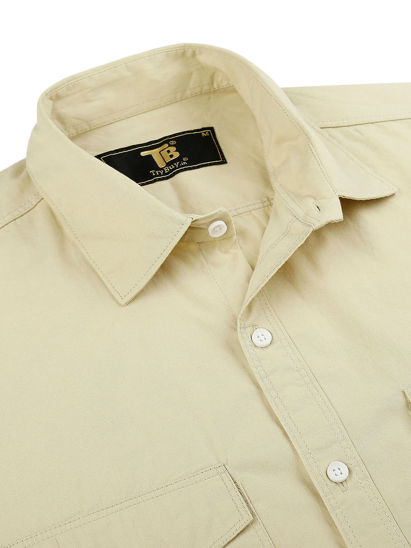 Cream Solid Double Pocket Men's Shirt 2