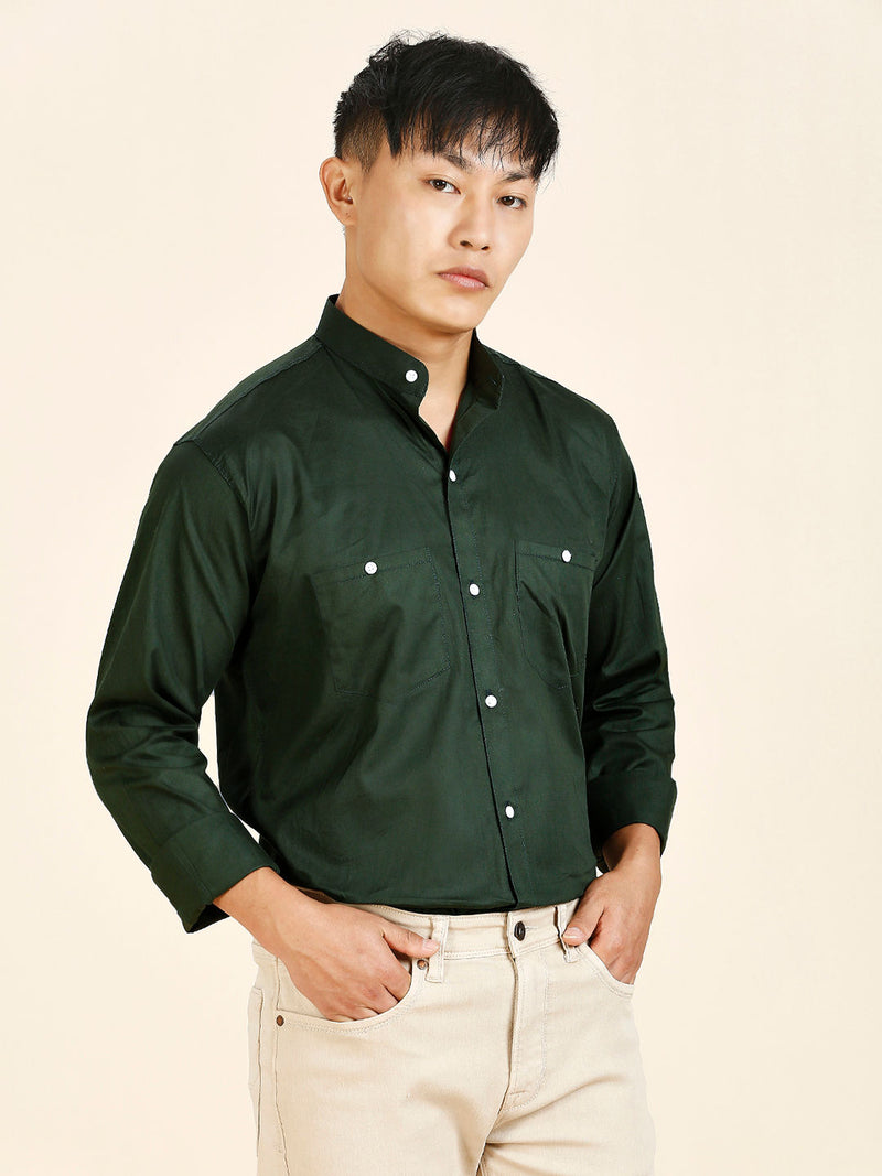 Green Solid Double Pocket Mandarin Men's Shirt 1