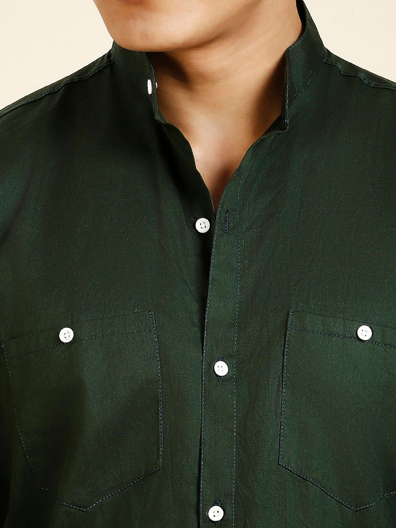 Green Solid Double Pocket Mandarin Men's Shirt 9