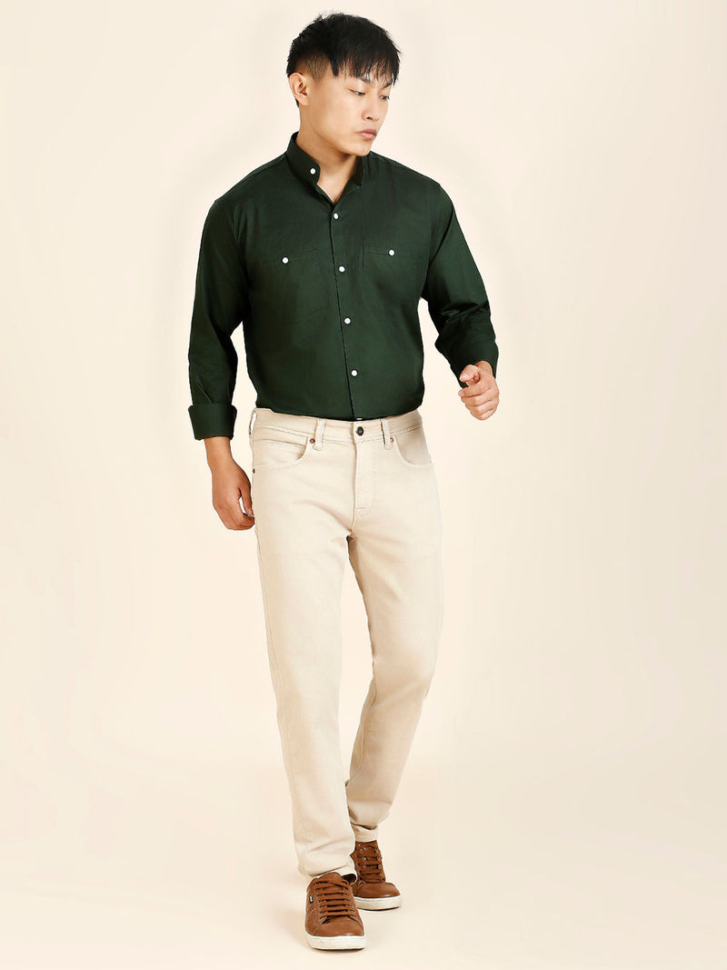 Green Solid Double Pocket Mandarin Men's Shirt 5