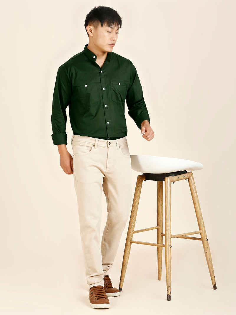Green Solid Double Pocket Mandarin Men's Shirt 4