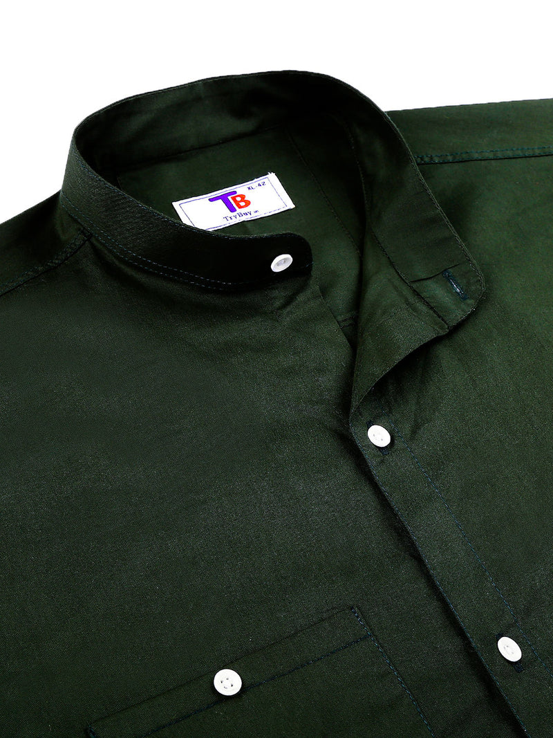 Green Solid Double Pocket Mandarin Men's Shirt 2