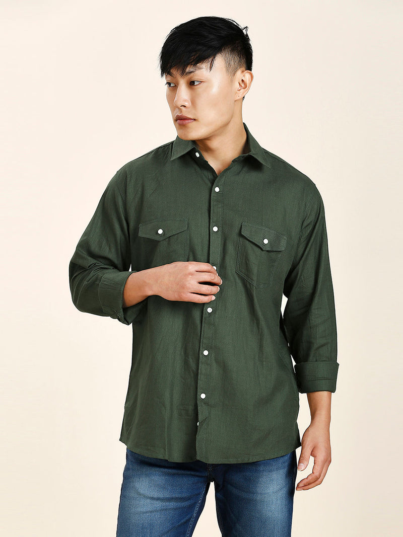 Green Cotton-Linen Double Pocket Shirt for Men 7