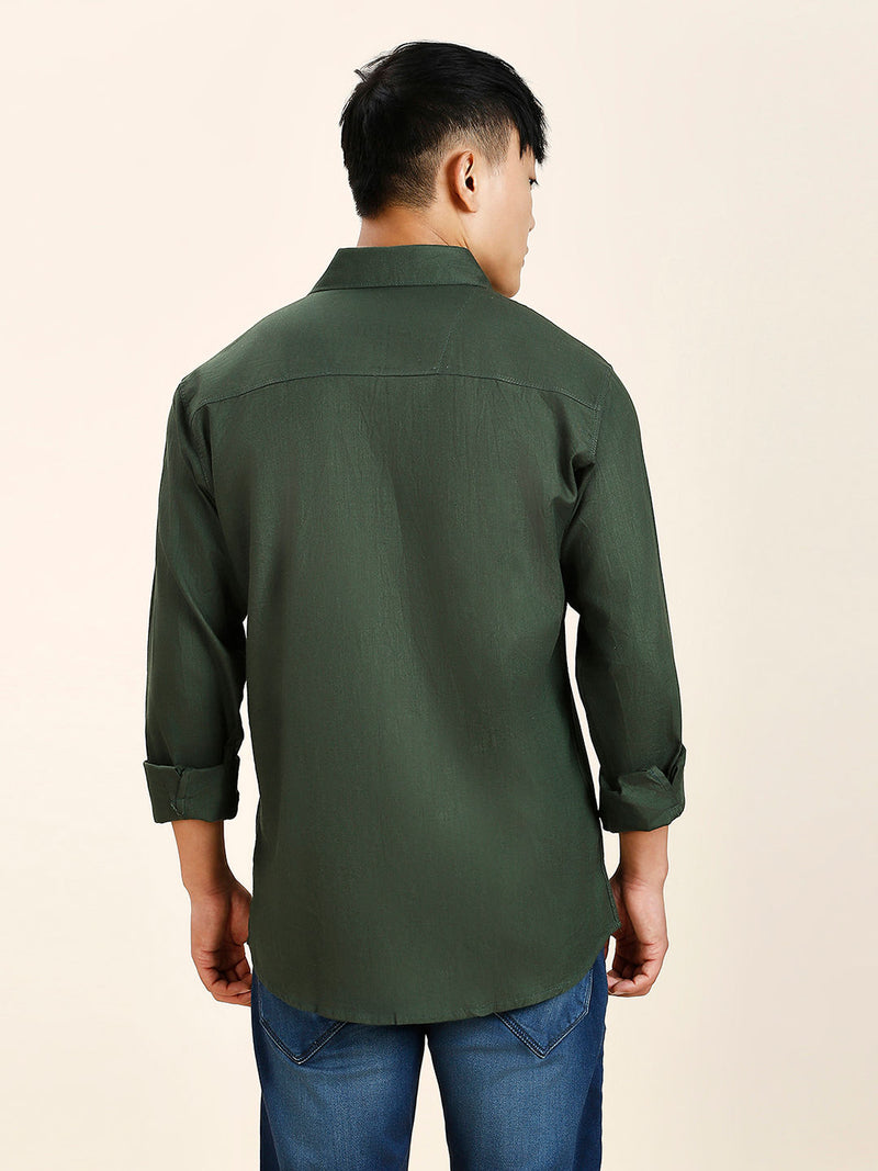 Green Cotton-Linen Double Pocket Shirt for Men 5