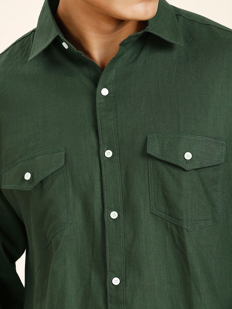 Green Cotton-Linen Double Pocket Shirt for Men 4
