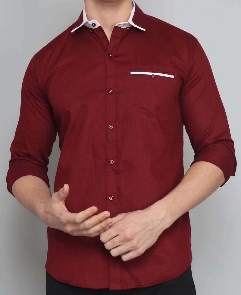 Maroon Mandarin Collar Cotton Shirt for Men 1