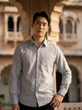 Men's Light Grey Thick Cotton-Linen Slim Fit Shirt