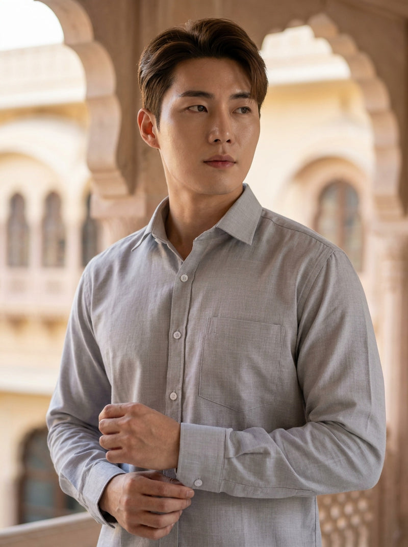 Men's Light Grey Thick Cotton-Linen Slim Fit Shirt 8