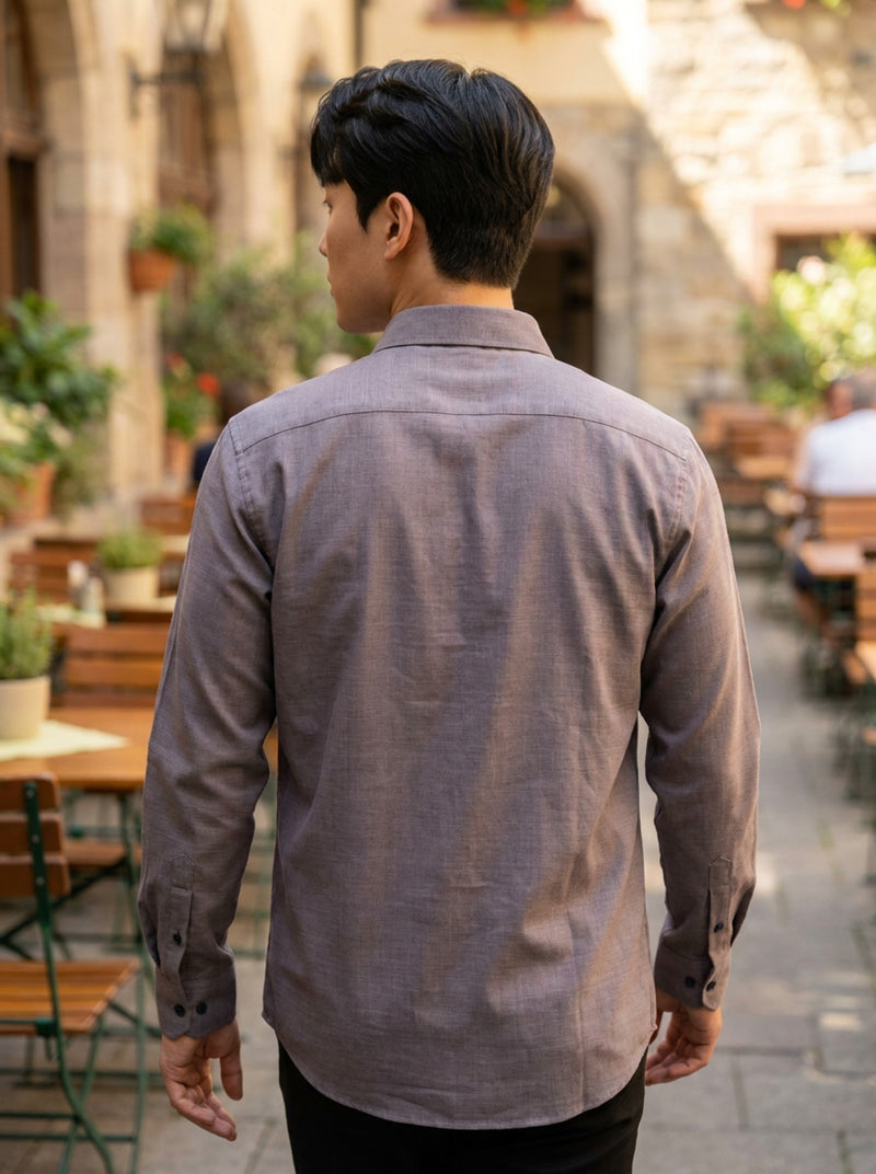 Men's Taupe Grey Thick Cotton-Linen Slim Fit Shirt 5