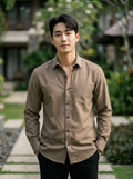 Men's Taupe Brown Thick Cotton-Linen Slim Fit Shirt