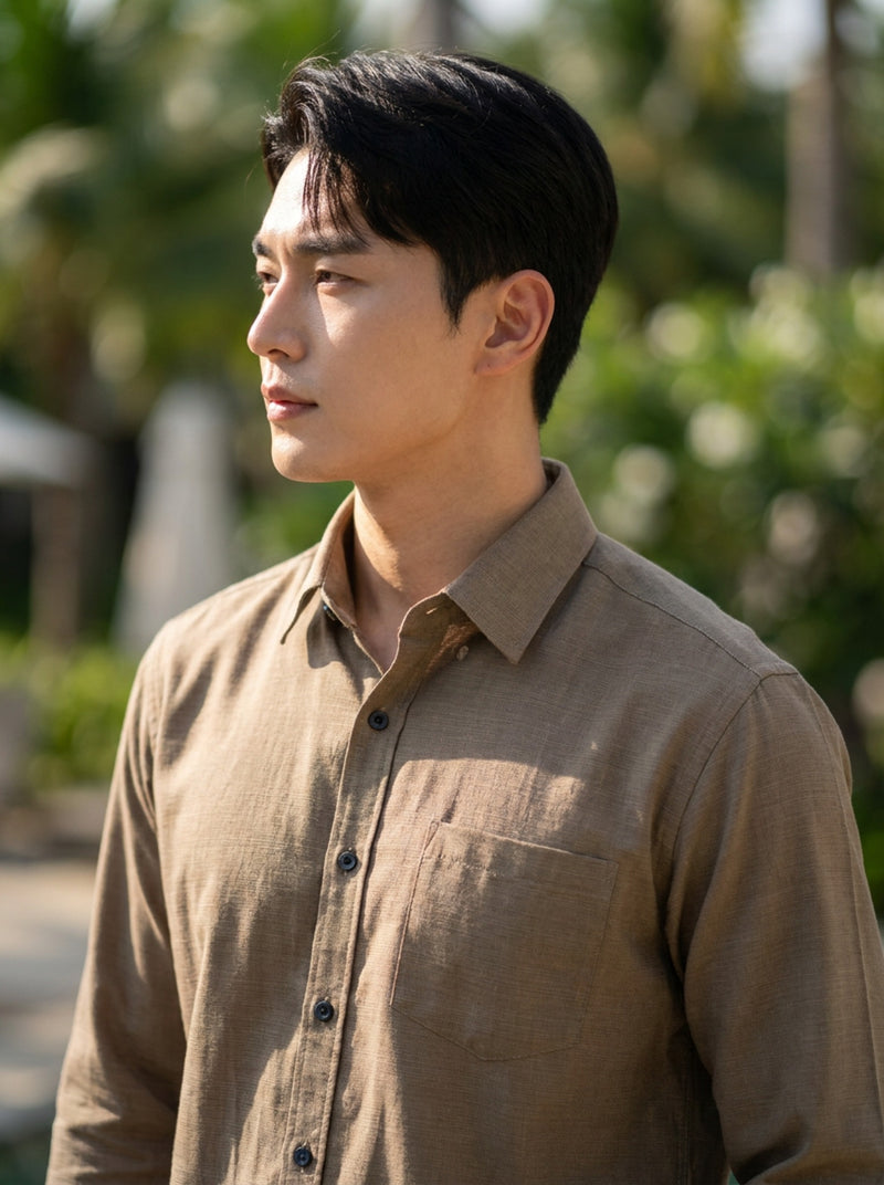 Men's Taupe Brown Thick Cotton-Linen Slim Fit Shirt 3