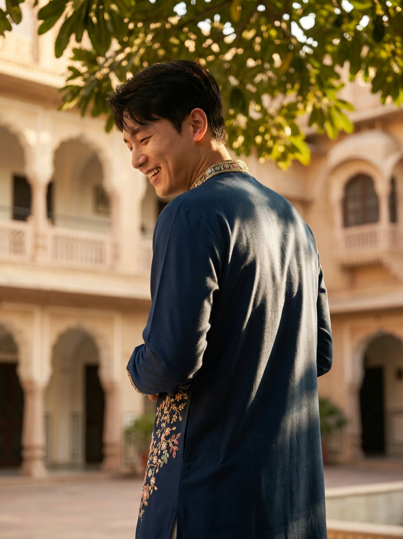 azul bordada kurta para hombre 7