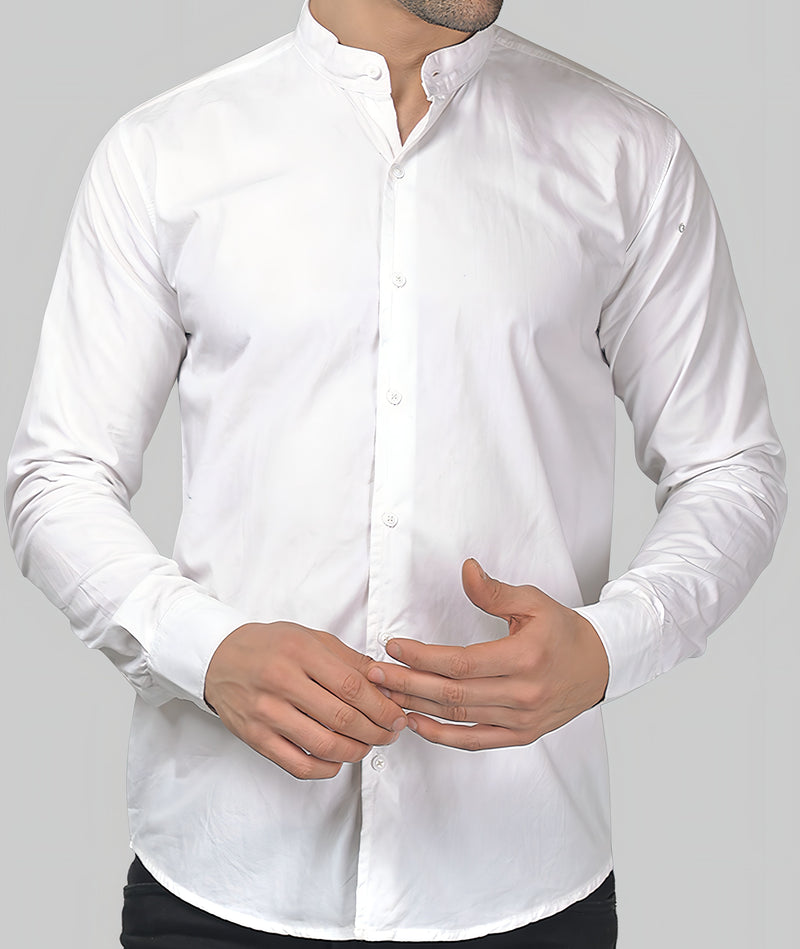 White Mandarin Collar Cotton Shirt for Men 1