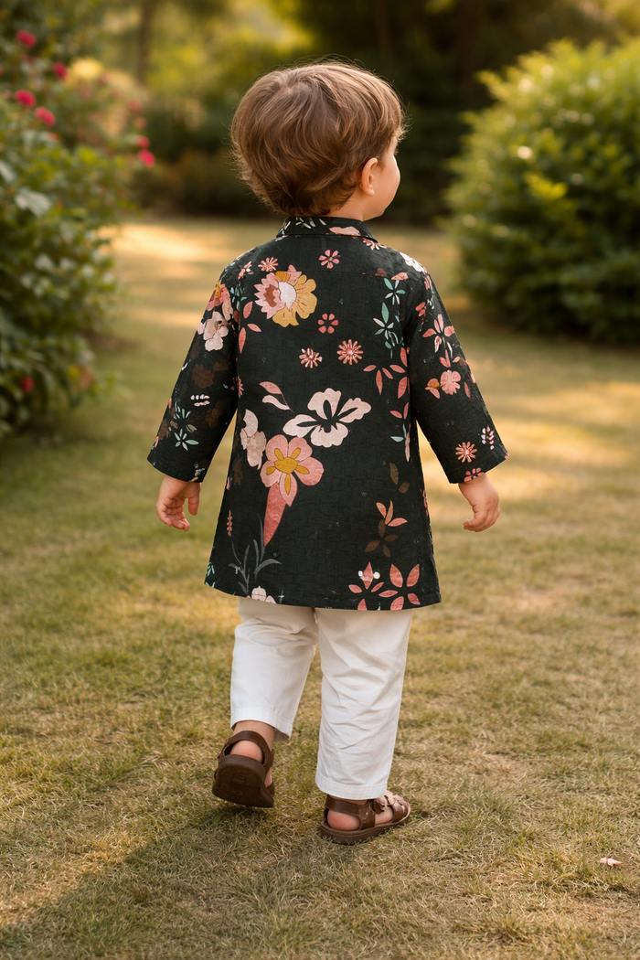 TryBuy Boys Black Floral Embroidered Printed Kurta Pajama Set - Size 20 (3-4 Years) | TB_610_KID 2