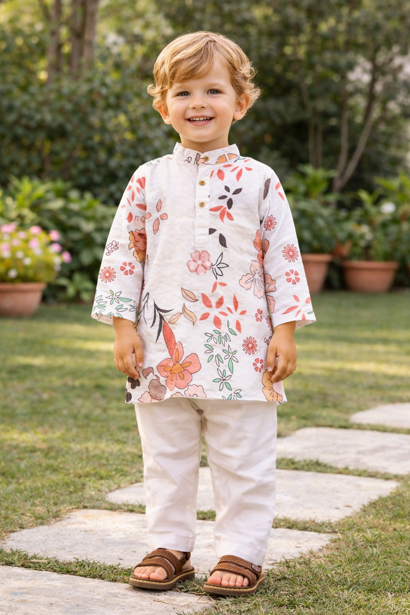 TryBuy Boys White Floral Embroidered Printed Kurta Pajama Set - Size 20 (3-4 Years) | TB_617_KID 8