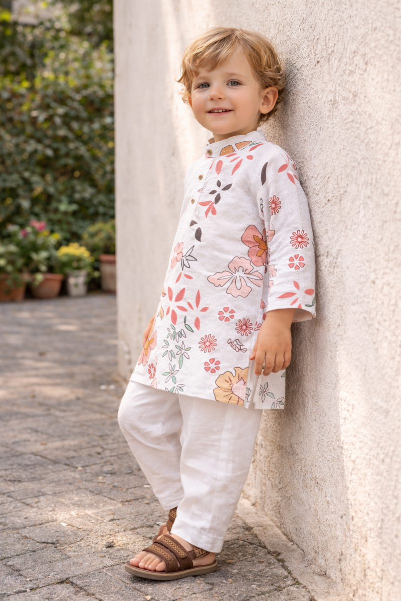 TryBuy Boys White Floral Embroidered Printed Kurta Pajama Set - Size 20 (3-4 Years) | TB_617_KID 7