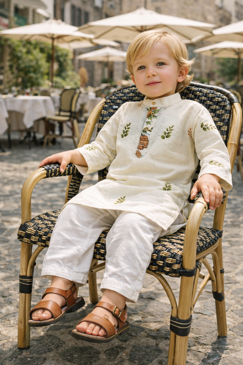 TryBuy Boys Ivory Leaf Embroidered Printed Kurta Pajama Set - Size 20 (3-4 Years) | TB_623_KID 6