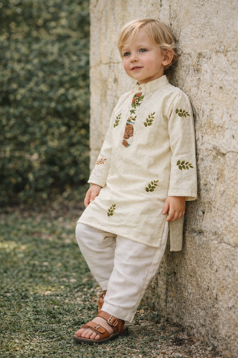 TryBuy Boys Ivory Leaf Embroidered Printed Kurta Pajama Set - Size 20 (3-4 Years) | TB_623_KID 8