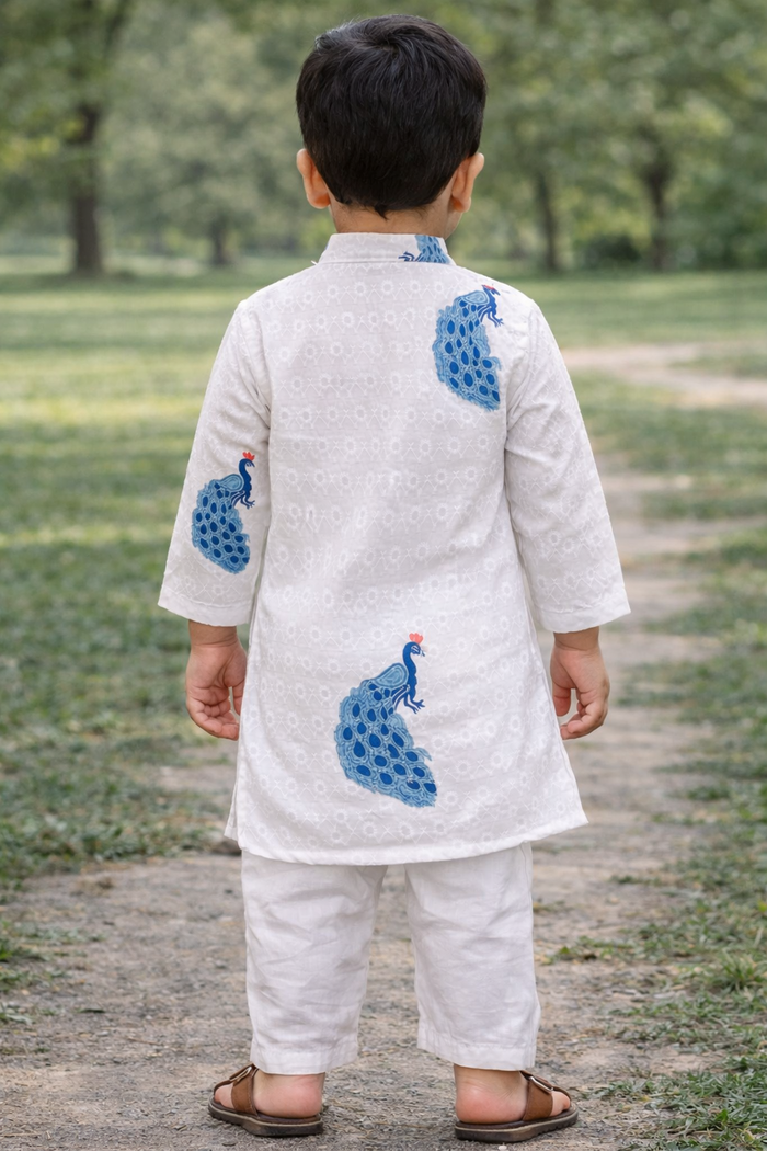 TryBuy Boys White Peacock Embroidered Printed Kurta Pajama Set - Size 20 (3-4 Years) | TB_808_KID 2