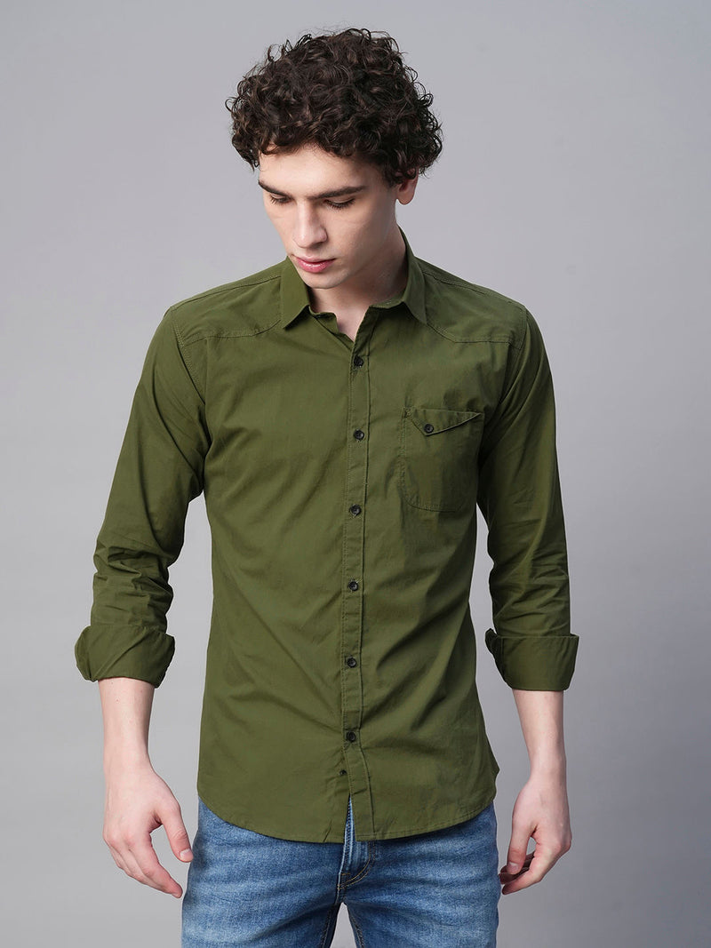 Angers Army Green Solid Cotton Shirts for Men 6