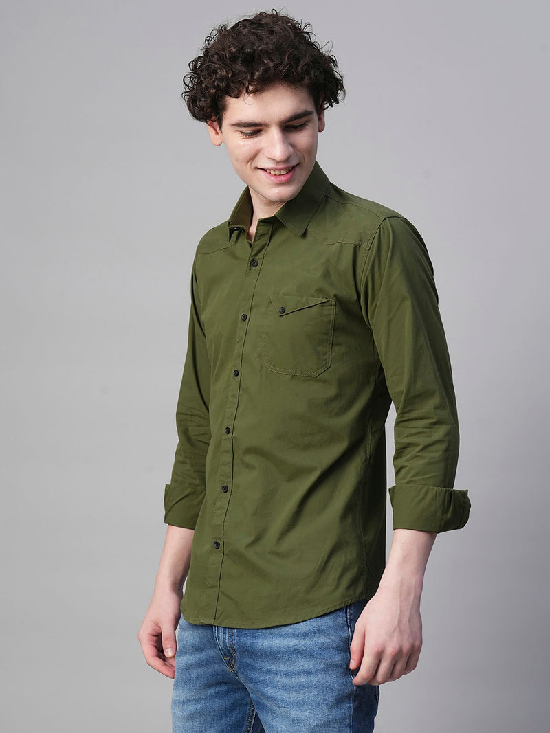 Angers Army Green Solid Cotton Shirts for Men 5