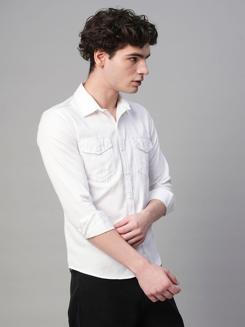 Solid White Cotton Linen Double Pocket Shirts for Men 4