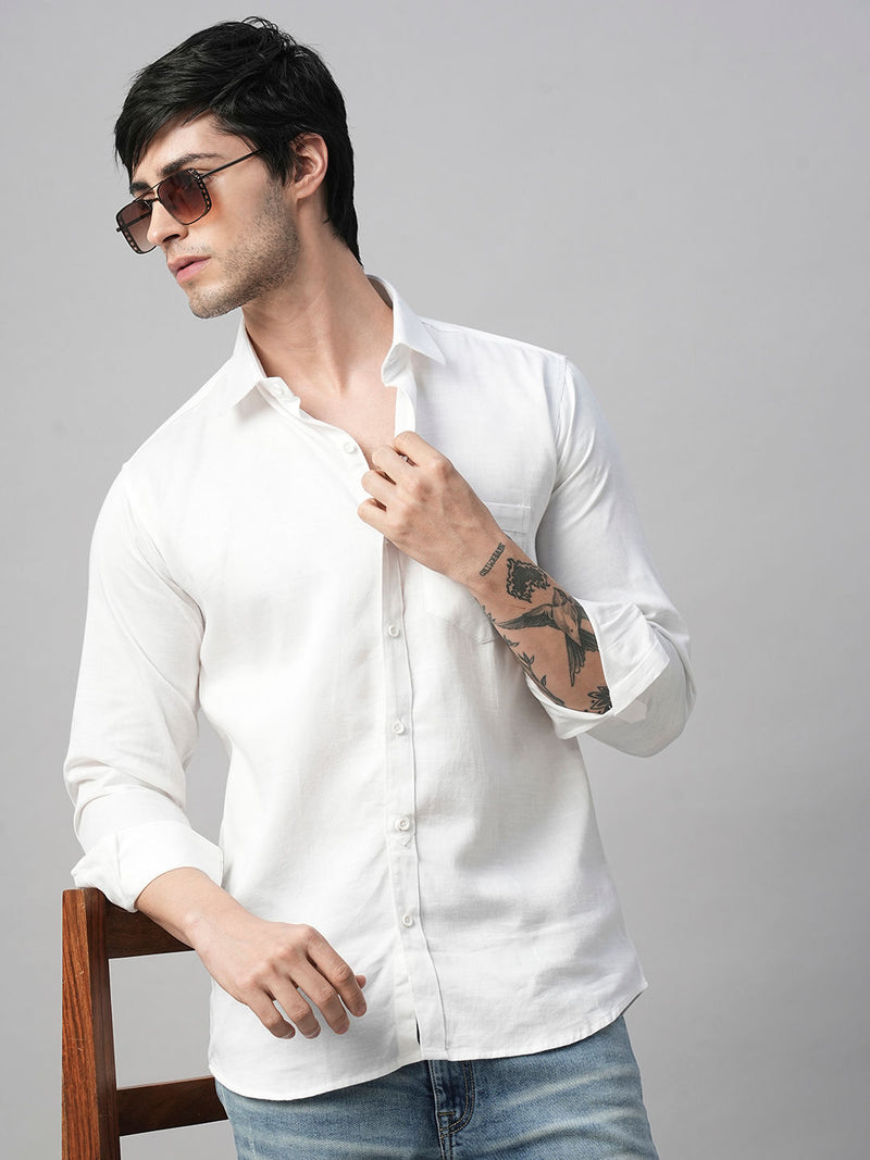 Solid White Cotton Linen Shirt for Men 1