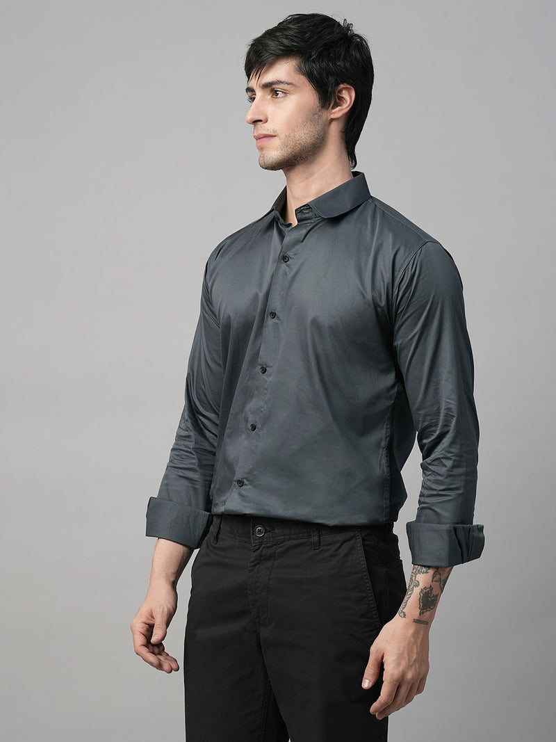 Solid Grey Satin Cotton Shirts for Men 7