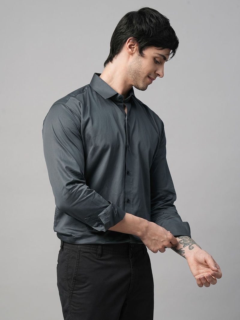 Solid Grey Satin Cotton Shirts for Men 6