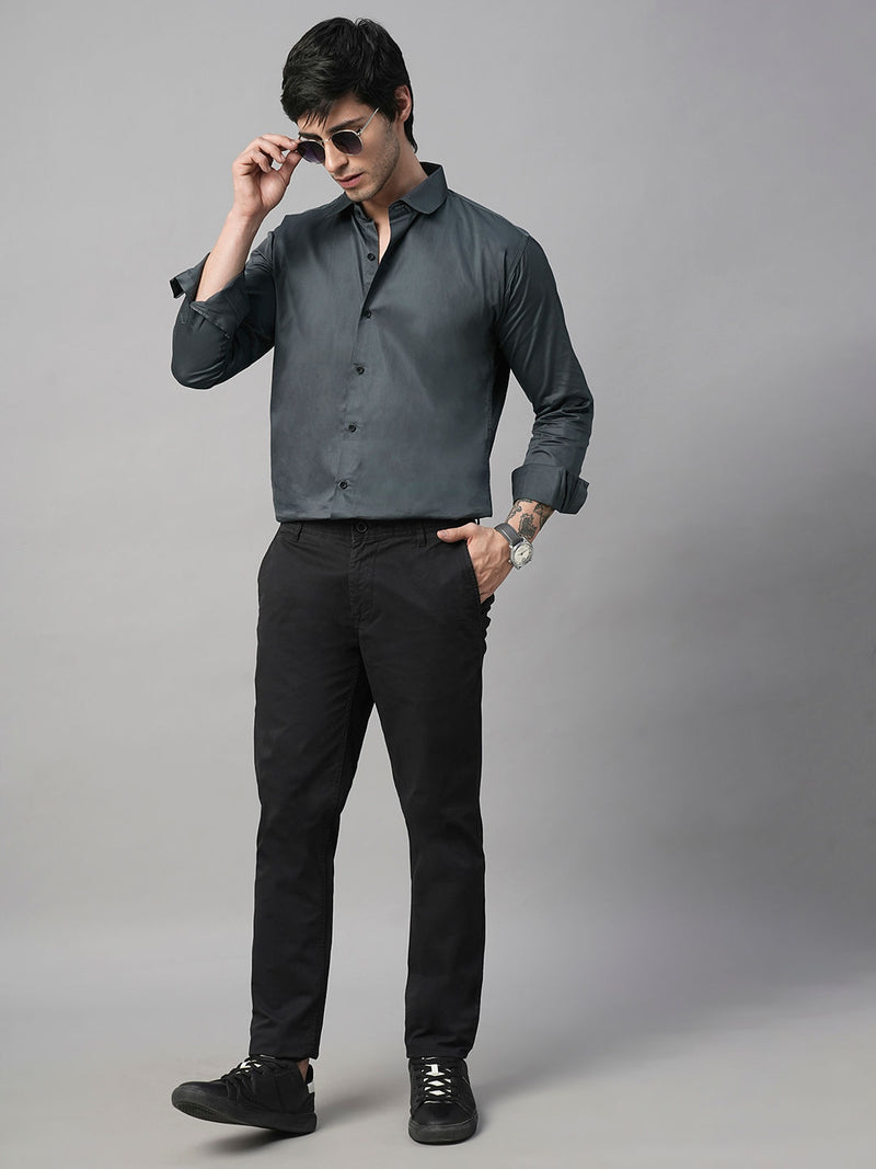 Solid Grey Satin Cotton Shirts for Men 9