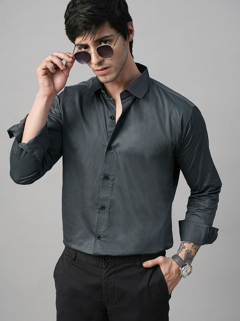 Solid Grey Satin Cotton Shirts for Men 1