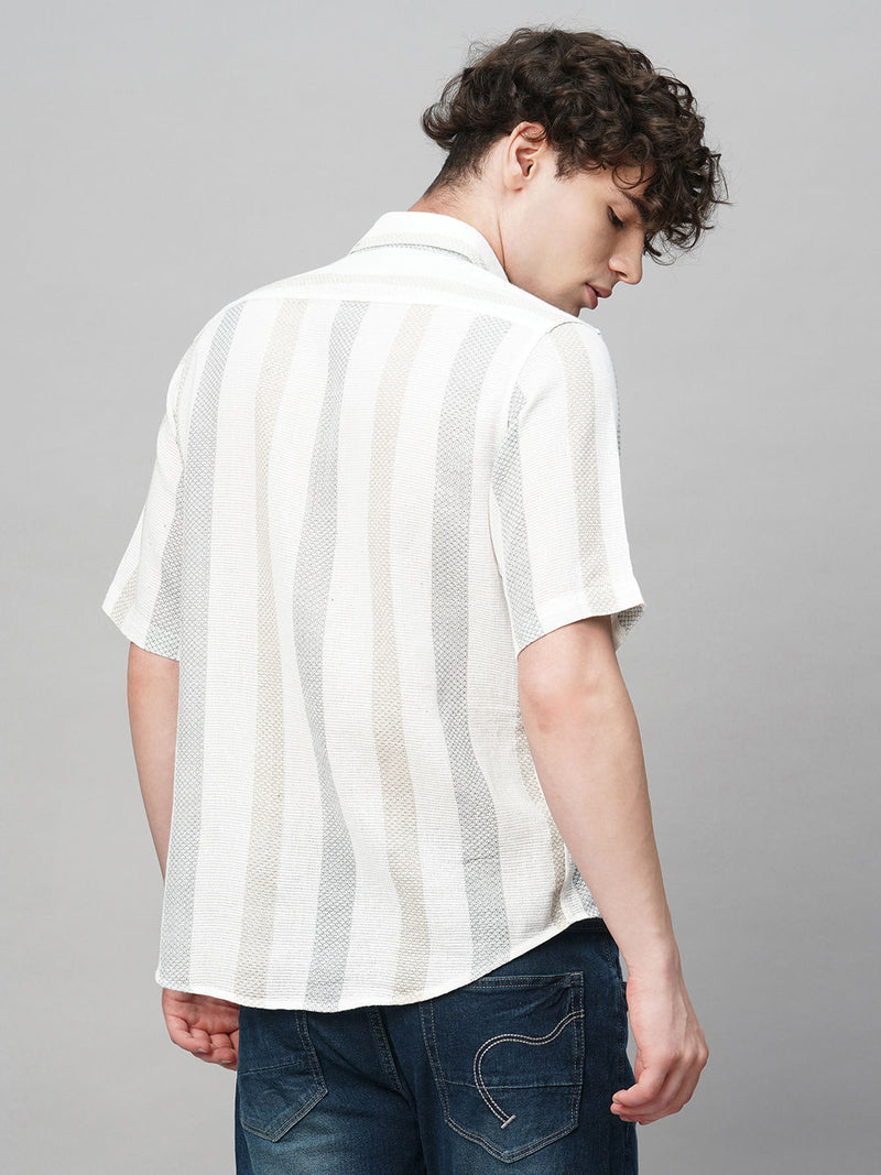Effortless Cultured Crochet Jute Cotton Striped Half Sleeves Shirt for Men 9