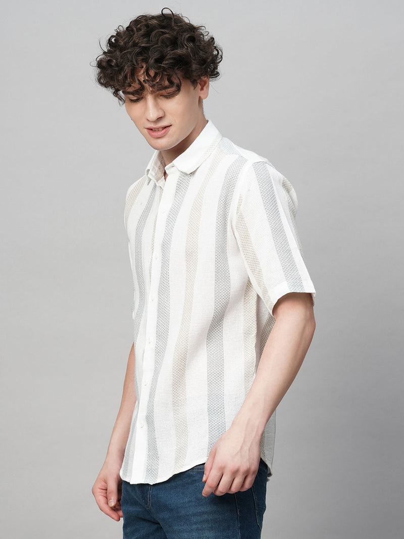 Effortless Cultured Crochet Jute Cotton Striped Half Sleeves Shirt for Men 6