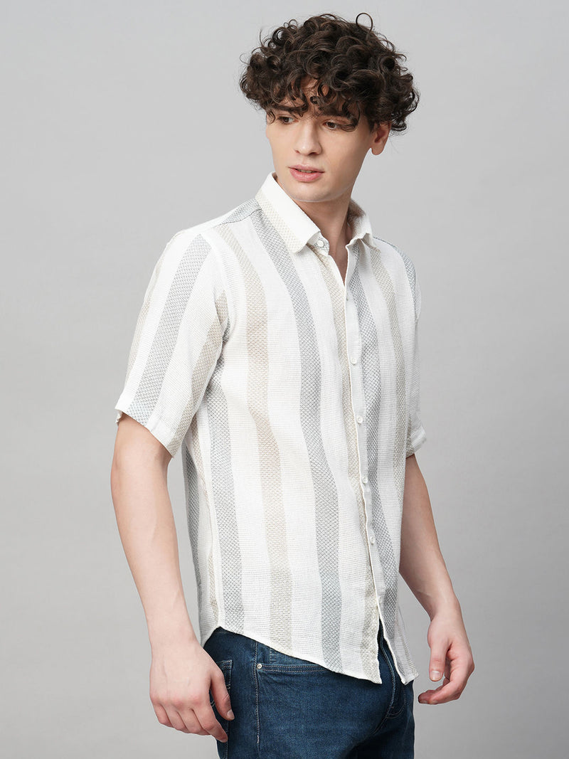 Effortless Cultured Crochet Jute Cotton Striped Half Sleeves Shirt for Men 5