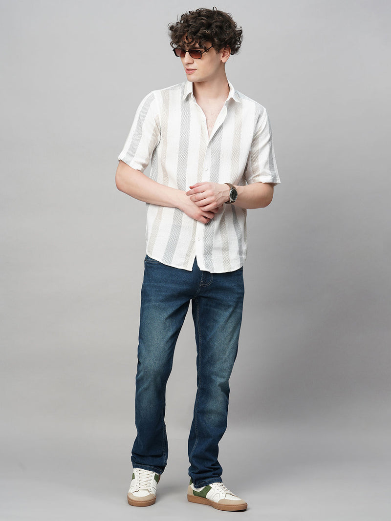 Effortless Cultured Crochet Jute Cotton Striped Half Sleeves Shirt for Men 4