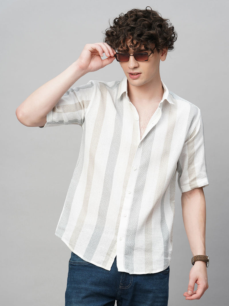 Effortless Cultured Crochet Jute Cotton Striped Half Sleeves Shirt for Men 1