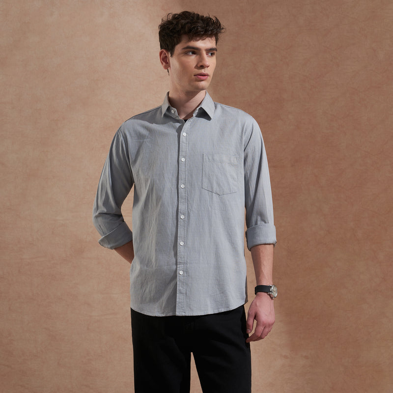 Men Light Grey Solid Spread Collar Slim Fit Casual Shirt 3