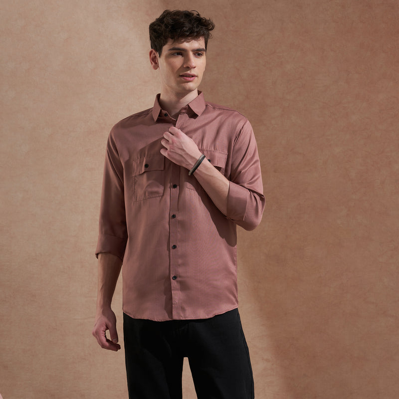 Men Rust Brown Solid Spread Collar Slim Fit Casual Shirt with Dual Flap Pockets 4