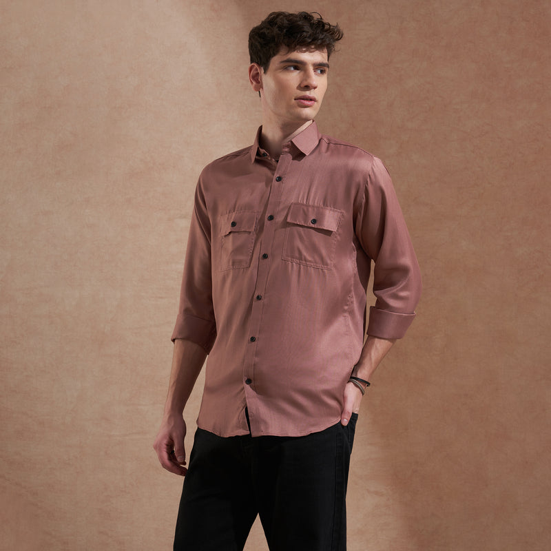 Men Rust Brown Solid Spread Collar Slim Fit Casual Shirt with Dual Flap Pockets 6