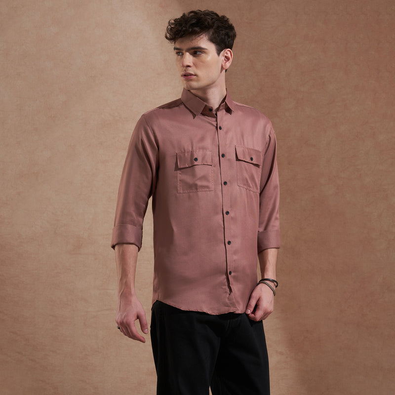 Men Rust Brown Solid Spread Collar Slim Fit Casual Shirt with Dual Flap Pockets 7
