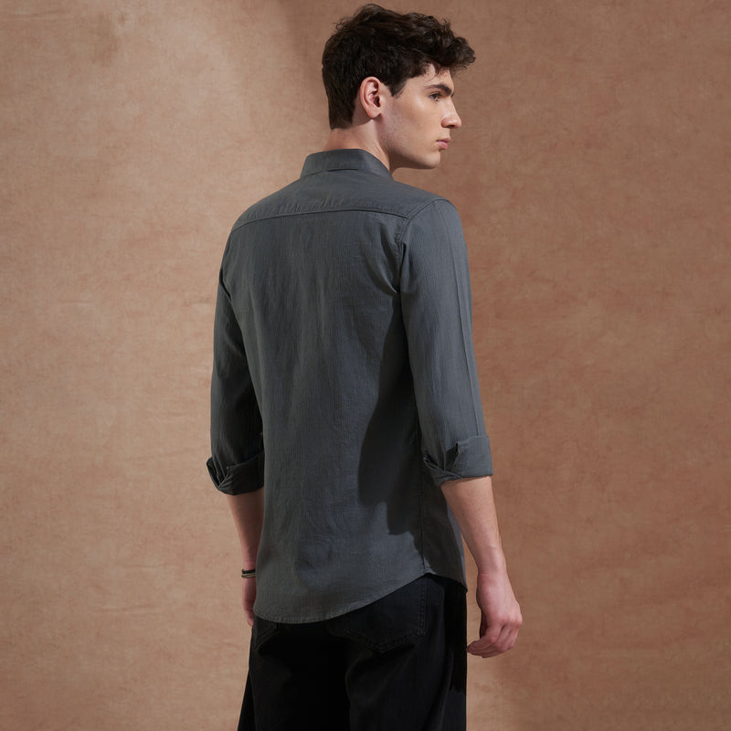 Men Dark Grey Solid Spread Collar Slim Fit Casual Shirt 6