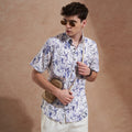 Men White & Blue Leaf Printed Slim Fit Casual Shirt Short Sleeve