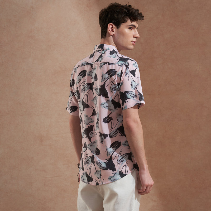 Men Pink Floral Printed Slim Fit Casual Shirt Short Sleeve 3
