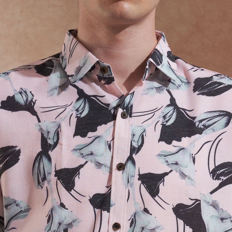 Men Pink Floral Printed Slim Fit Casual Shirt Short Sleeve 4