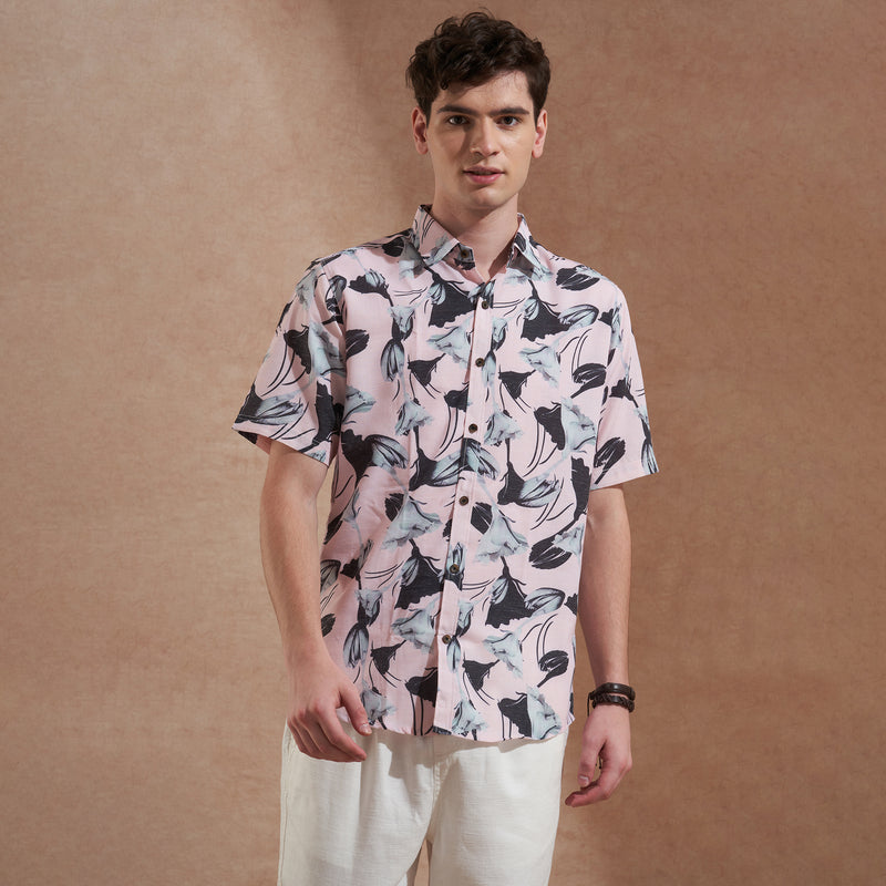 Men Pink Floral Printed Slim Fit Casual Shirt Short Sleeve 5