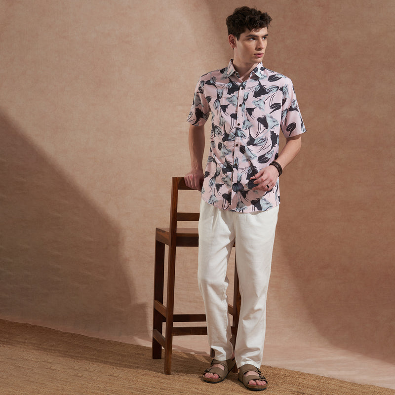 Men Pink Floral Printed Slim Fit Casual Shirt Short Sleeve 1