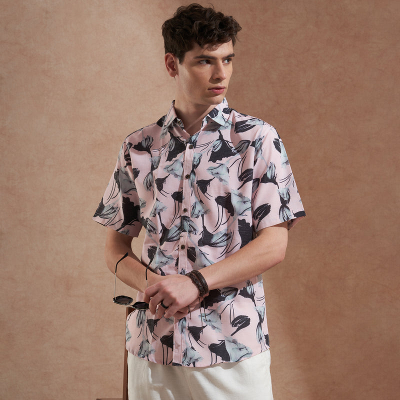 Men Pink Floral Printed Slim Fit Casual Shirt Short Sleeve 7