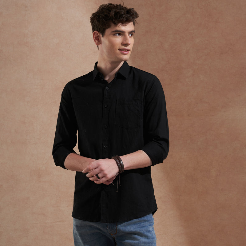Men Black Solid Spread Collar Slim Fit Casual Shirt 7
