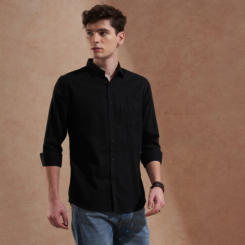 Men Black Solid Spread Collar Slim Fit Casual Shirt 6